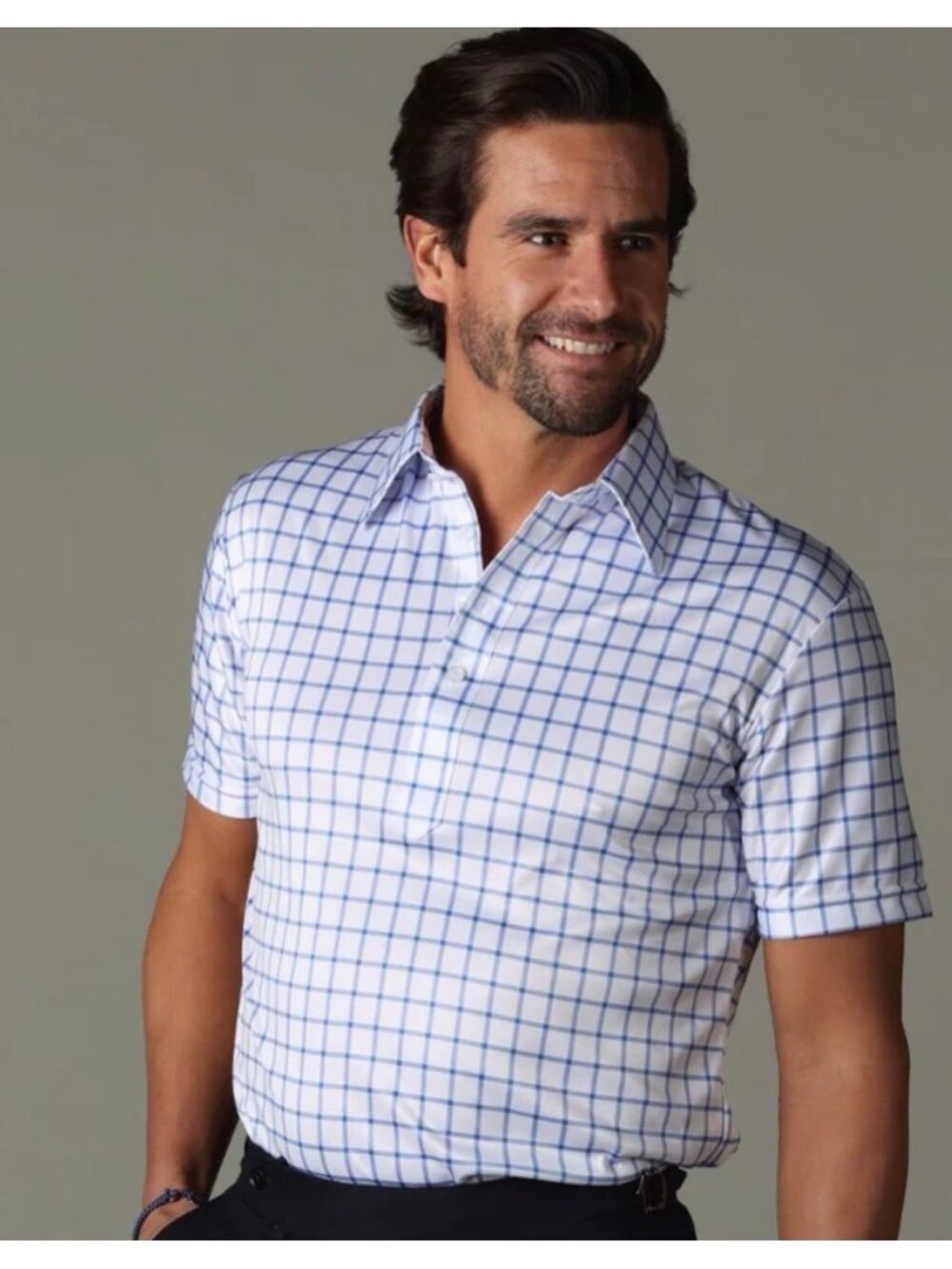 Collars & Co. Mens Large Dress Collar Polo Shirt White Blue Check Polyester